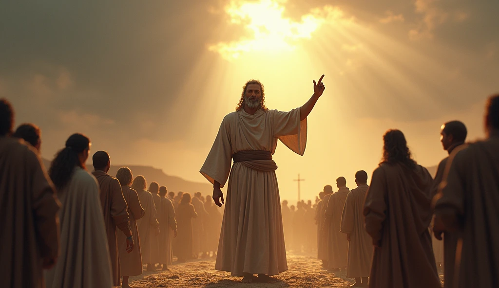 "Create a scene that depicts Job sitting in a desolate environment, surrounded by friends who watch him with expressions of doubt and disapproval. He must have an expression of firmness and integrity., raising a hand in defense of his honor, while the other points towards a group of needy people in the background, symbolizing his compassion. The landscape must reflect your pain, with a cloudy and arid sky, but with a ray of light illuminating Job, symbolizing hope and faith. The scene should evoke a mixture of despair and dignity, highlighting Job's internal struggle between his pain and his unshakable morals."