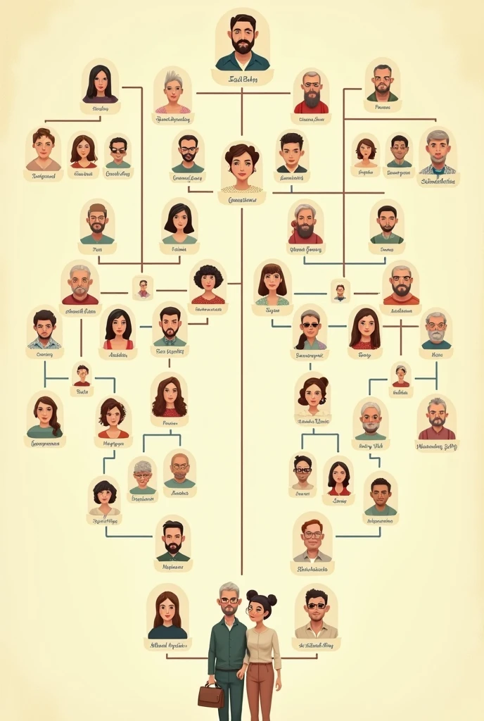 Create a Family tree where there are 13 people on the left side and 6 on the other side and add 3 more below it 
