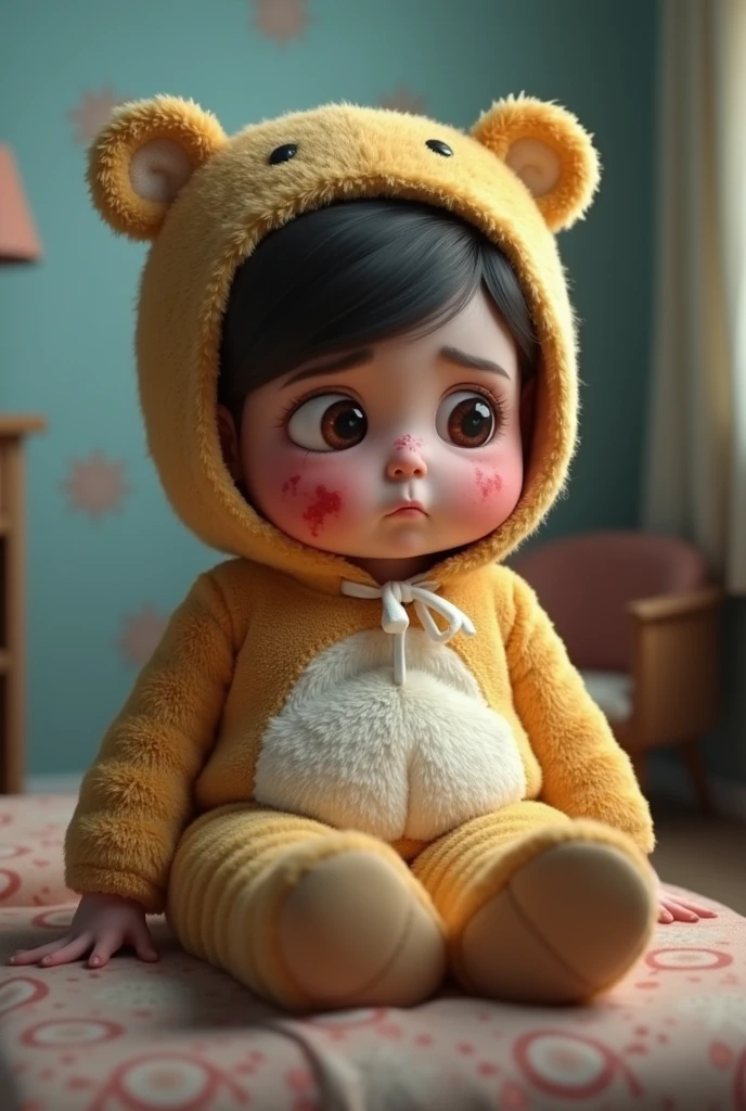 (girl),(()) ,3d images ,Highest quality 8K ,Chubby body shape,((Very fat)),Pink cheeks,podgy,Sad mood,((Very unwell)),((ill)),Put on a stuffed animal costume,Balanced lighting,blurred background,Middle of the picture