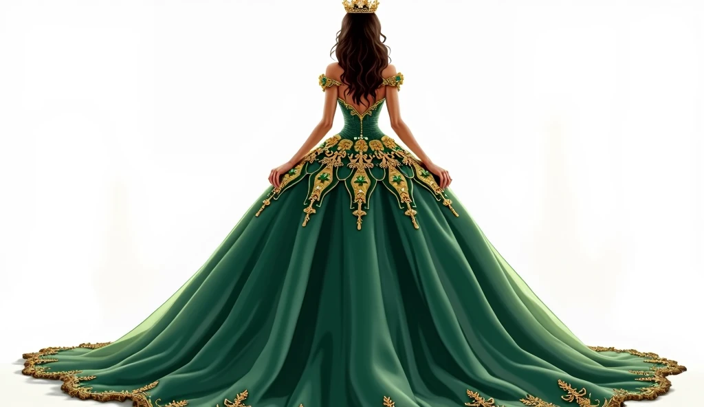 Make a majestic illustration on a white background, of a quinceañera dressed in a majestic emerald green dress with gold details. the quinceañera is facing away. The design is elaborate and elegant, with a style worthy of royalty and high society, highlighting the young woman's social status. The dress has a neckline that reveals the high back and shoulders., with gold embroidery that stands out against the green background. The skirt is wide and voluminously adorned with the same golden details.. Her hair, dark brown, It is combed in soft waves that fall over her back.. besides, She wears a golden crown that completes her royal and sophisticated look., which makes her look like a princess on her special day.