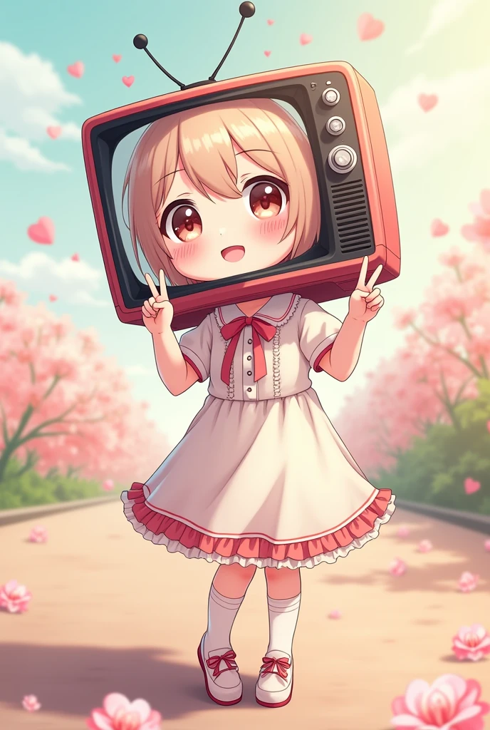 Cute girl with Tv head with heart on screen posing with peace sign, pink, anime.
