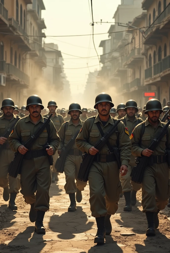Chilean soldiers marching through the streets of Lima, with buildings in ruins and the population watching from the corners.
