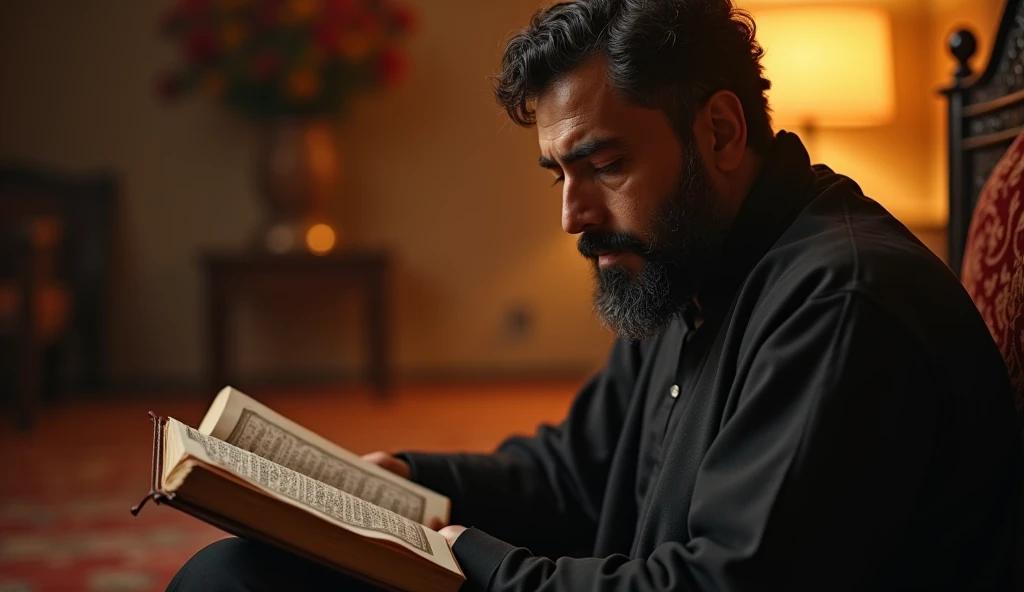 a man sitting quietly in a room, reading the Quran, determination on his face, detailed face, detailed eyes, detailed expression, religious, peaceful, soft lighting, ambient interior, warm color tones, high quality, photorealistic, 8k, cinematic