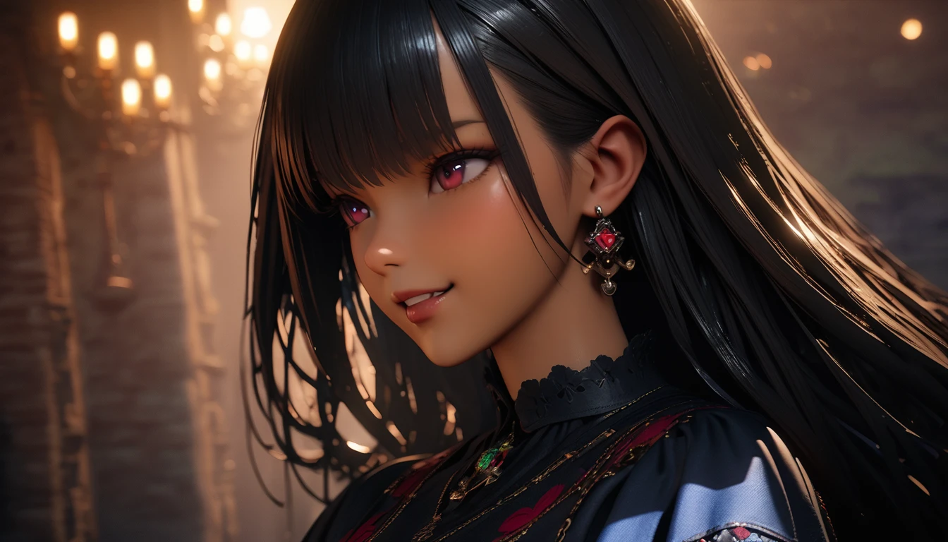 1 woman，masterpiece, 8K quality, (((red skinned girl))),(чрезвычайно подробные обои CG Unity 4k),(masterpiece),(Best quality),(ultra detailed),(best illustration),(best shadow),(absurdity),(detailed background), detailed face, Detailed hair, official Art, unity 8k wallpaper, super detailed, Beautiful, Beautiful, ((New goth girl:1.4)), masterpiece, top quality, Dark, In the atmosphere, mysterious, romantic, creepy, literature, Art, fashion, Italian Vineyard , decoration, difficult, Metalworking, contemplation, depth of emotions, black hair, Supernatural, 1 girl, One, Hip, Close-up, creepy, old (man:0.5), shiny complex details, spicy, 3D rendering, cinematic lighting, unreal engine, Blender, big breasts, Smirk、professional lighting、about, standing, very long hair, cowboy shot, brilliant, brilliant hair, (night:1.2),Dreamy, [[gentle fingers and hands:0.55]::0.85],(detailed fingers),),(emotional),(breathtaking),(main part:1.2) whole body.), (Anime Style), (Super Detailed), (brutal), (uhd, HDR), (8k), (High Resolution: 1.2), (Complex and Beautiful: 1.2)