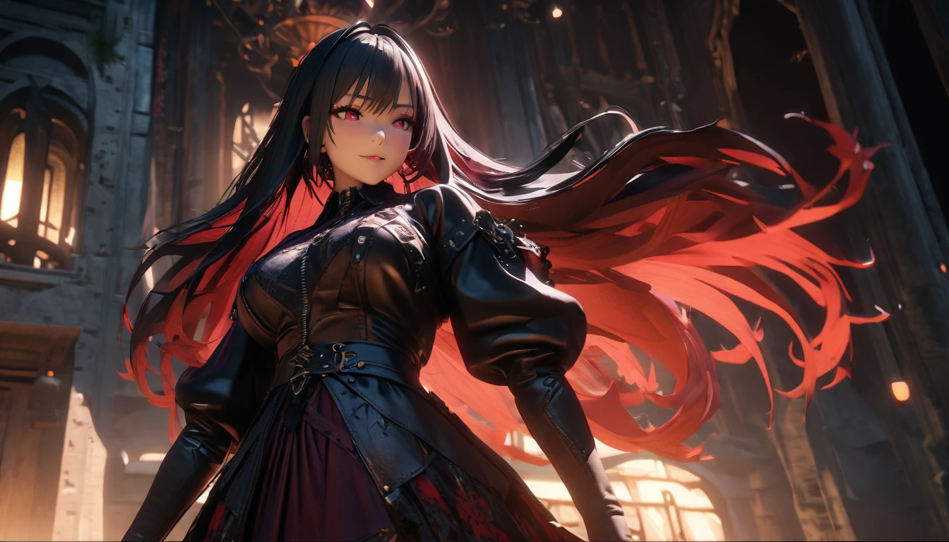1 woman，masterpiece, 8K quality, (((red skinned girl))),(чрезвычайно подробные обои CG Unity 4k),(masterpiece),(Best quality),(ultra detailed),(best illustration),(best shadow),(absurdity),(detailed background), detailed face, Detailed hair, official Art, unity 8k wallpaper, super detailed, Beautiful, Beautiful, ((New goth girl:1.4)), masterpiece, top quality, Dark, In the atmosphere, mysterious, romantic, creepy, literature, Art, fashion, Italian Vineyard , decoration, difficult, Metalworking, contemplation, depth of emotions, black hair, Supernatural, 1 girl, One, Hip, Close-up, creepy, old (man:0.5), shiny complex details, spicy, 3D rendering, cinematic lighting, unreal engine, Blender, big breasts, Smirk、professional lighting、about, standing, very long hair, cowboy shot, brilliant, brilliant hair, (night:1.2),Dreamy, [[gentle fingers and hands:0.55]::0.85],(detailed fingers),),(emotional),(breathtaking),(main part:1.2) whole body.), (Anime Style), (Super Detailed), (brutal), (uhd, HDR), (8k), (High Resolution: 1.2), (Complex and Beautiful: 1.2)