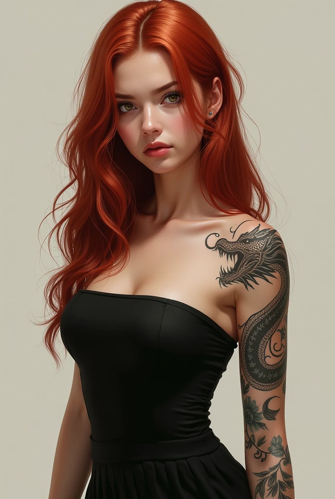 A girl wearing a black strapless dress with a long wavy red hair and a dragon tattoo on her right arms realistic portrait