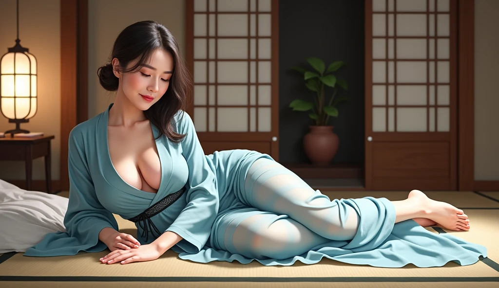 A woman is lying down in a traditional Japanese room as it is time to sleep.The room is fitted out with traditional fittings such as tatami, shoji and fusuma, and is illuminated by the soft, warm light of a fire. Wrapped in a thin, black_gauze_kimono, she is preparing to lie down, facing the viewer. The thin, black_gauze_kimono she has only put on to sleep does not completely hide her body lines, revealing her ample, shapely chest and part of her long, slender legs. Faintly lit by the light of the small fire, her body lines are elegant, beautiful and exotic. The scene is filled with affection, motherhood and charm, as if she is about to snuggle up to rest peacefully at the end of the day.