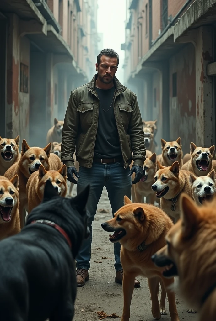 A man surrounded by dangerous dogs