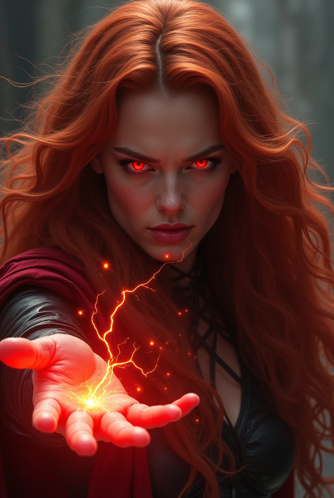 Wanda Maximoff, Red hair, , Marvel, Scarlet witch, Red orange Hair. Evil looking, high realism, wanda Vision, red eys, glowing hands, dark background. telekinese