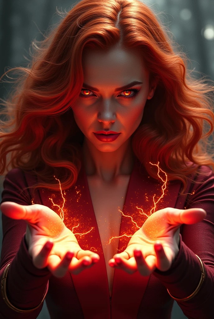 Wanda Maximoff, Red hair, , Marvel, Scarlet witch, Red orange Hair. Evil looking, high realism, wanda Vision, red eys, glowing hands, dark background. telekinese