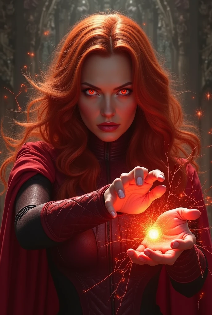 Wanda Maximoff, Red hair, , Marvel, Scarlet witch, Red orange Hair. Evil looking, high realism, wanda Vision, red eys, glowing hands, dark background. telekinese