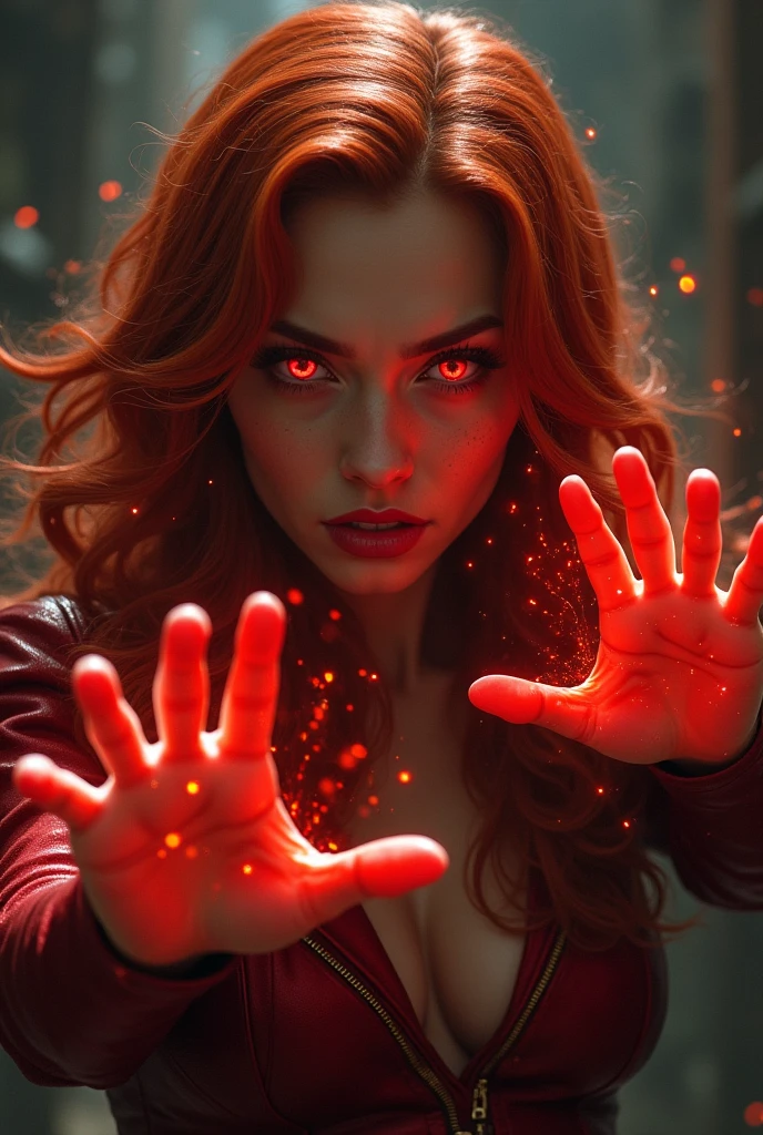 Wanda Maximoff, Red hair, , Marvel, Scarlet witch, Red orange Hair. Evil looking, high realism, wanda Vision, red eys, glowing hands, dark background. telekinese