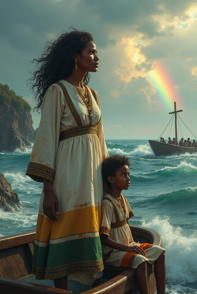 (photorealism:1.2), beautiful woman, standing on small local ship, praying for to pass the storm of the ocean, wearing an Ethiopian traditional woolen white dress, slightly dirty, having a strip of green, yellow and red colors at the bottom and top,long curly hair, outdoor , natural lighting, rocks in background, rain bow and an Angeles shown from far with tall cross, she and her son has cross necklace,
her son sitting next to her fearful, a large number of people on onother bot also frightened by the storm,by Greg Rutkowski, by Alphonse Mucha