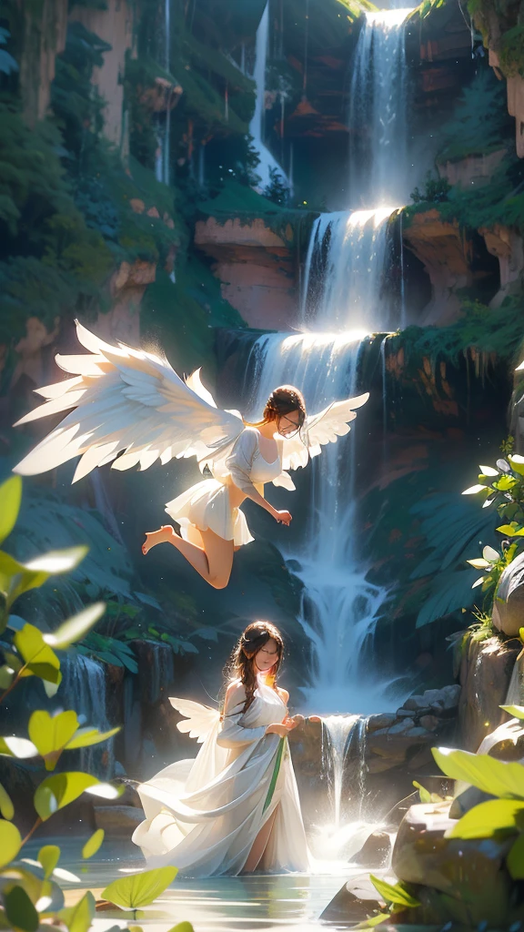 A beautiful angel with big white wings is playing in a waterfall.