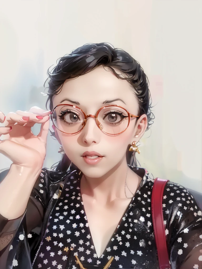 arafed woman wearing glasses and a polka dot dress, wearing thin large round glasses, wearing small round glasses, 8k selfie photograph, 2 , with glasses, 2 , 2 , 3 , wenfei ye, 3, spectacled, xintong chen, qifeng lin, li zixin