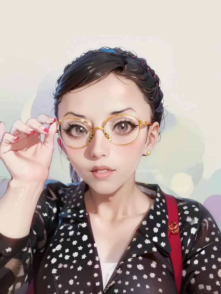 arafed woman wearing glasses and a polka dot dress, wearing thin large round glasses, wearing small round glasses, 8k selfie photograph, 2 , with glasses, 2 , 2 , 3 , wenfei ye, 3, spectacled, xintong chen, qifeng lin, li zixin