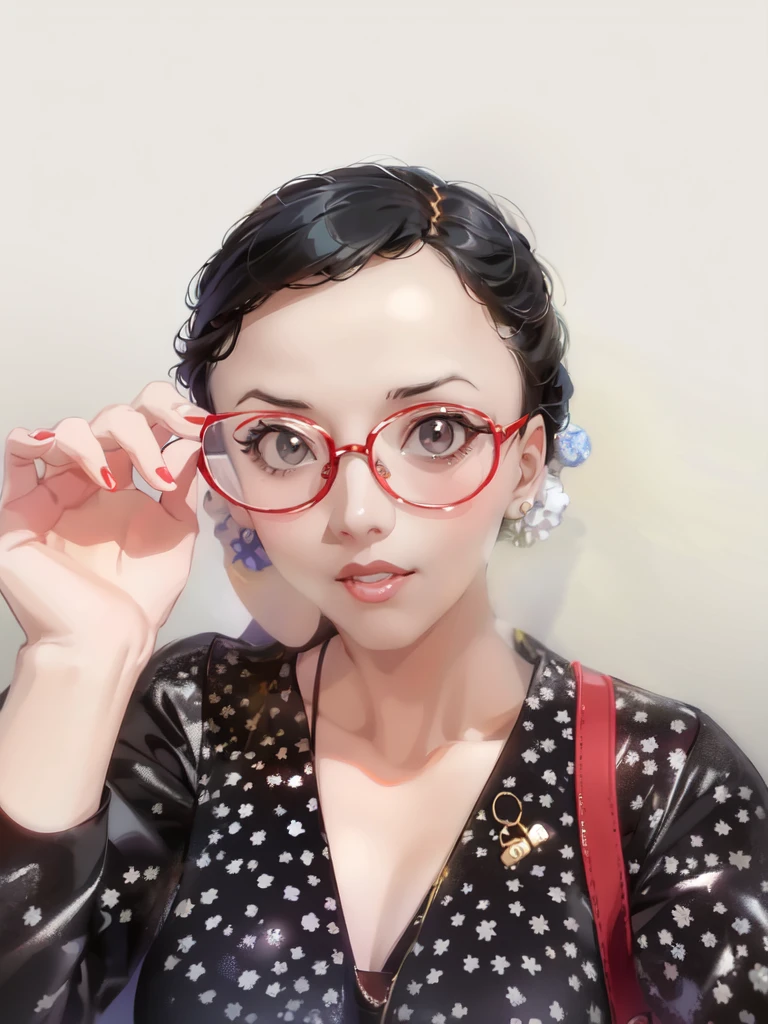 arafed woman wearing glasses and a polka dot dress, wearing thin large round glasses, wearing small round glasses, 8k selfie photograph, 2 , with glasses, 2 , 2 , 3 , wenfei ye, 3, spectacled, xintong chen, qifeng lin, li zixin