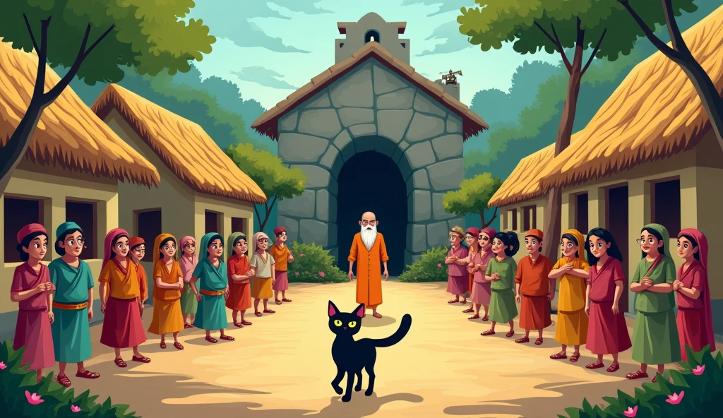 Create an cartoon image of a village sarpanch and village people there were panchayat meeting going on in village now they all are walking and follow black cat and that black cat going toward cave which is secret and very old