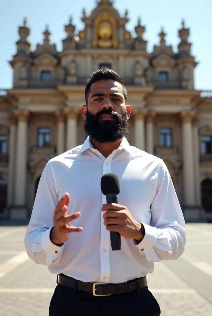 There is a young Brazilian man with a huge beard and a white dress shirt, black dress pants, microphone in hand, looking at a cameraman, gesturing, in a TV news, in front of a large building, peru, royal Palace, parliament, peruvian, peruvian looking, proportionate, Julia Fontes, Palace, quito school, an intermediate front shot, monumental giant Palace, Mexico City, freddy mamani wild facade, jorge lacera, Gita, chilean, Refik Anadol, central shot.