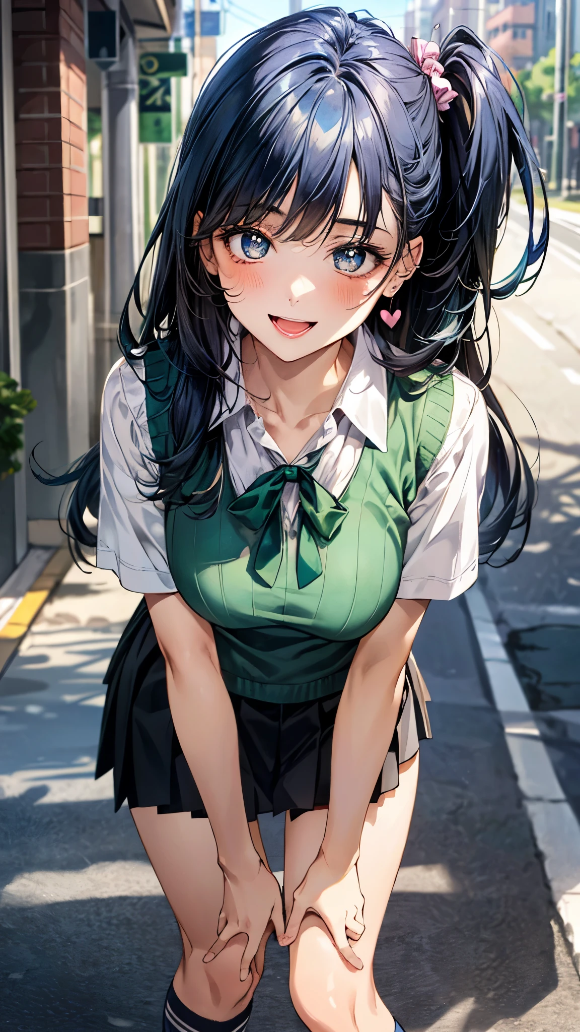 (masterpiece:1.3, top-quality, ultra high res, ultra detailed), (realistic, photorealistic:1.4), beautiful illustration, perfect lighting, natural lighting, colorful, depth of fields, surrealism, 
beautiful detailed hair, beautiful detailed face, beautiful detailed eyes, beautiful clavicle, beautiful body, beautiful chest, beautiful thigh, beautiful legs, beautiful fingers, shiny skin, 
looking at viewer, selfie, 1 girl, high school girl, (perfect anatomy, anatomically correct, super detailed skin), cute and symmetrical face, babyface, perfect face, perfect eyes, 
(long hair, (two side up), blue hair), bangs, blue eyes, slant eyes, big eyes, long eyelashes, (large breasts:1.2, seductive thighs), slender, outstanding style, 
((detailed cloth texture, short sleeve white collared shirt, break emerald green knit vest, break shocking pink pleated skirt, break shocking pink neck ribbon), socks, shocking pink loafer), 
(beautiful scenery), evening, (downtown), (standing, leaning forward,), (heart shaped pupils, :3, aroused, ahegao, orgasm, in heat, naughty face, seductive smile, open mouth small),