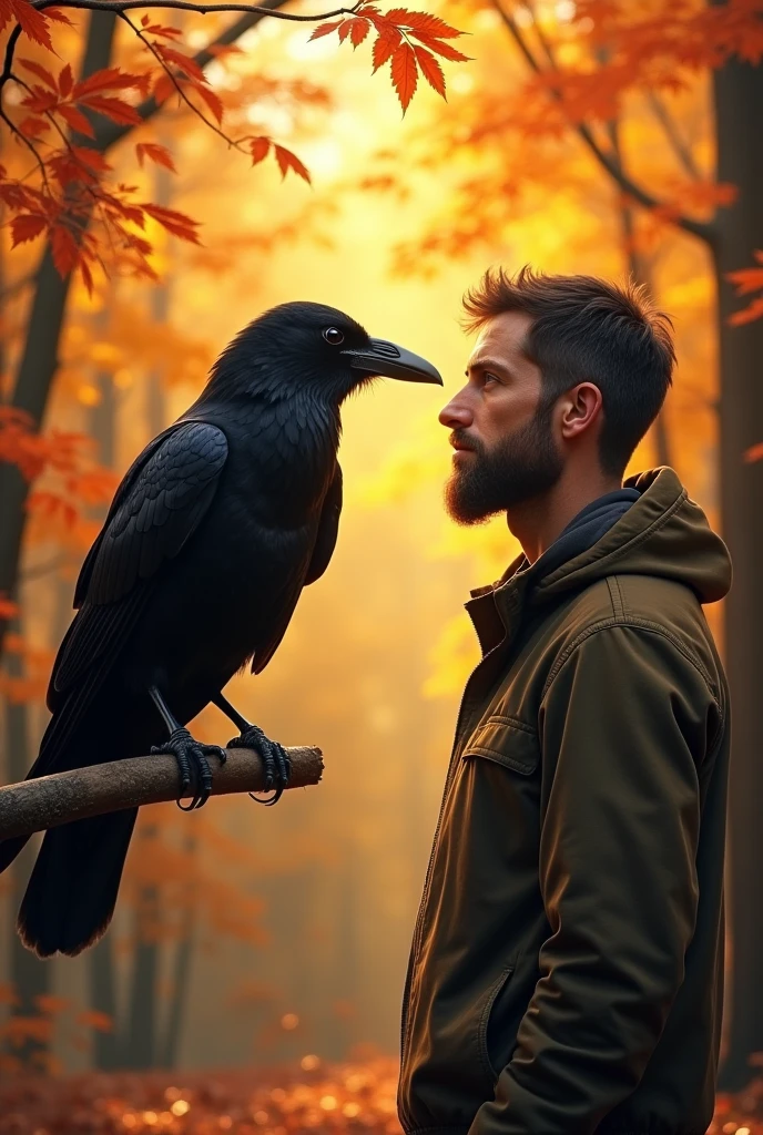 "A close-up, face-to-face encounter between a majestic black crow and an adult man in the heart of a warm, autumnal forest. The crow is perched on a branch at eye level, its sharp, intelligent gaze locked onto the man's eyes. The man, with a calm yet thoughtful expression, stands directly in front of the crow, creating a sense of mutual respect and quiet intensity. The forest around them is bathed in warm, golden light, with vibrant orange, yellow, and red leaves creating a rich, colorful backdrop. Sunlight streams through the trees, casting a soft, glowing aura over the scene, enhancing the atmosphere of this profound, almost mystical connection between man and nature."