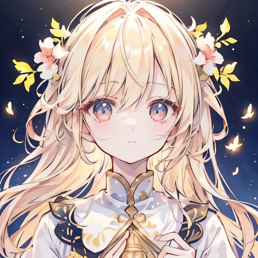 Blessed God｜Guide to Happiness」Design an icon for。The character is a woman in her 30s.、A gentle smile and calm eyes。Hair is semi-long、Her hair color is blonde.。It has a natural wave.、Gives an elegant and calm impression。She is wearing a simple white outfit、She has a small four-leaf clover accessory on her shoulder.。The background is a pale pink and gold gradient.、A design that lets the light in gently。The background is dotted with small heart and star motifs.、Symbolizes happiness。Around her、There is a soft, shining aura of light.、Creates an overall bright and positive atmosphere。The character&#39;s hands are lightly clasped in front of the chest.、Make a gesture of genuine support。Create a design that gives your audience a sense of familiarity and comfort。