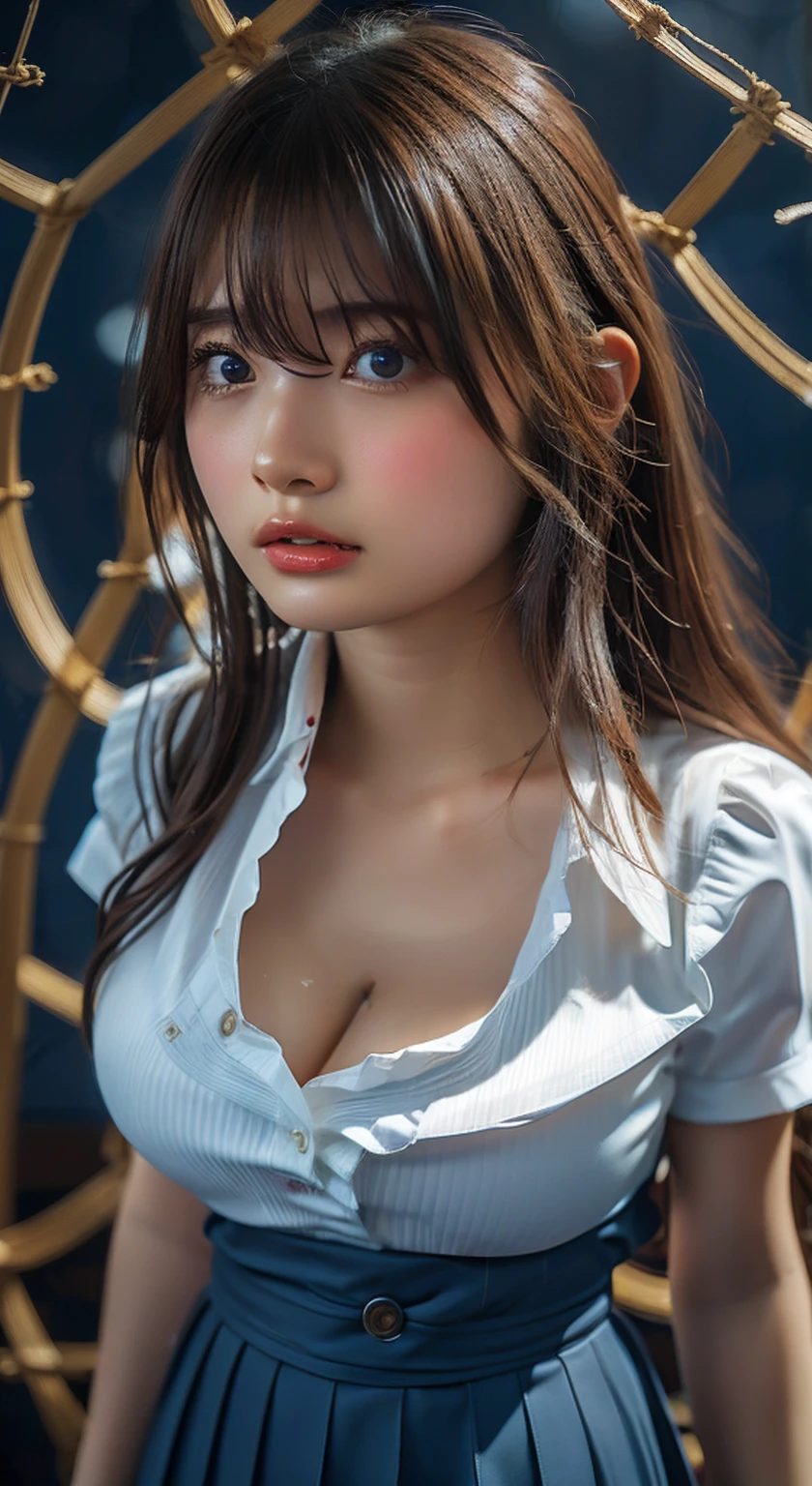 (Highest quality、Tabletop、、Best image quality、Award-winning works)、Very cute  girl、けたWhite polyester collared shirt、Short sleeve:1.4)、(Navy Pleated Skirt:1.1)、Girl portrait photography、Glowing Skin、Brown Hair、Are standing、View your audience、Sculpture Pose、(Deep quagmire background:1.45)、(Large Breasts:1.8)、Accentuate your body lines:1.1)、Very large red ribbon tie、Very long hair:1.75、((The expression of a woman fantasizing about being raped by many men:1.65))