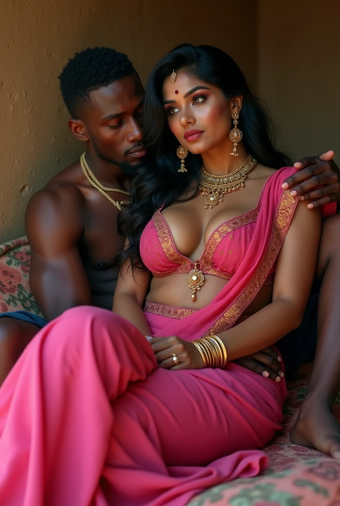 a beautiful young white indian naked woman wearing only scarf and a muscular black african man with his big black cock, nude photoshoot in a studio, realistic photo, white background,((Indian white skin girl wearing jewellery, bindi, bangles, transparent light green scarf)). Prefect body,no extra body parts,very realistic image, detailed image, High quality high detail,8k