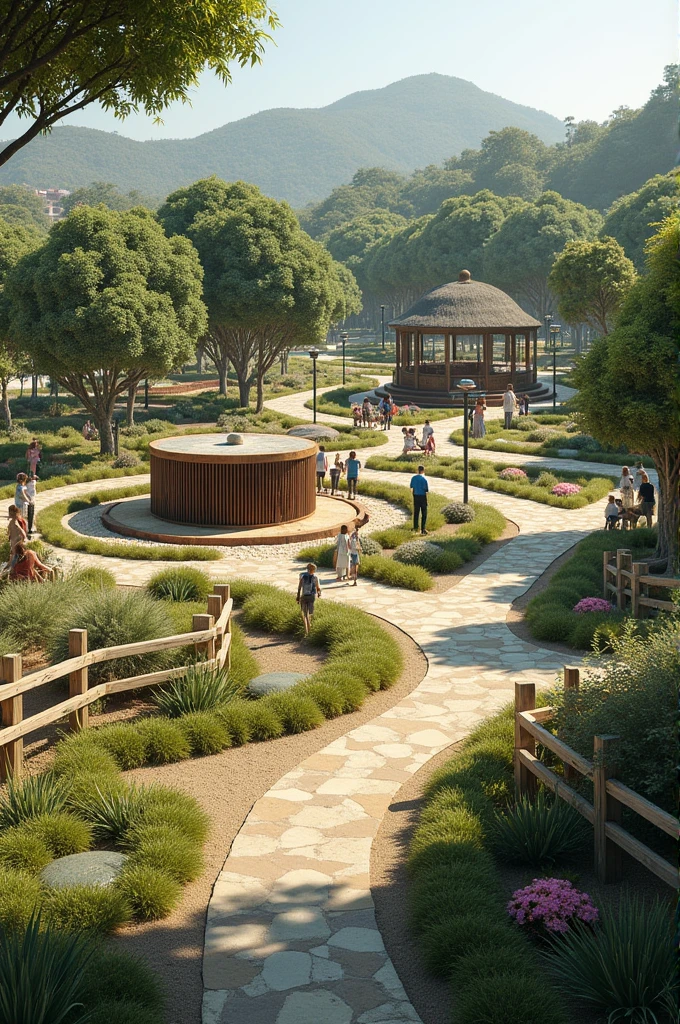 Can you help me with the design of an urban park for the commune of Puerto Saavedra?, Araucaria region, This must be inspired by the Mapuche culture, lafkenche, in the islands that Puerto Saavedra has and in its flora and fauna. 
Must have :
- sales stand in the shape of a kultrun - food track area - 2 fairy courts - children&#39;s play area (teeth levels)
- exercise play area - inclusive play area(people with reduced mobility)
-area with static games (as a chess table)
- area where the history of Pto Saavedra is told - clean recycling points - food track area - green areas - bathrooms As you are an expert in urban park designs, you can help me with a design with these characteristics with parking and a general view from above 
