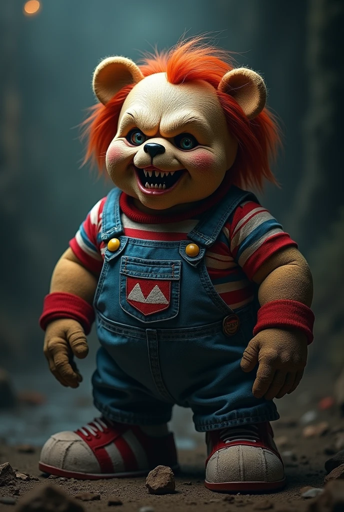 Disco with colorful dance floor in an abandoned pizzeria, com animatronico do chucky sujo de sangue Five Nights at Freddy's