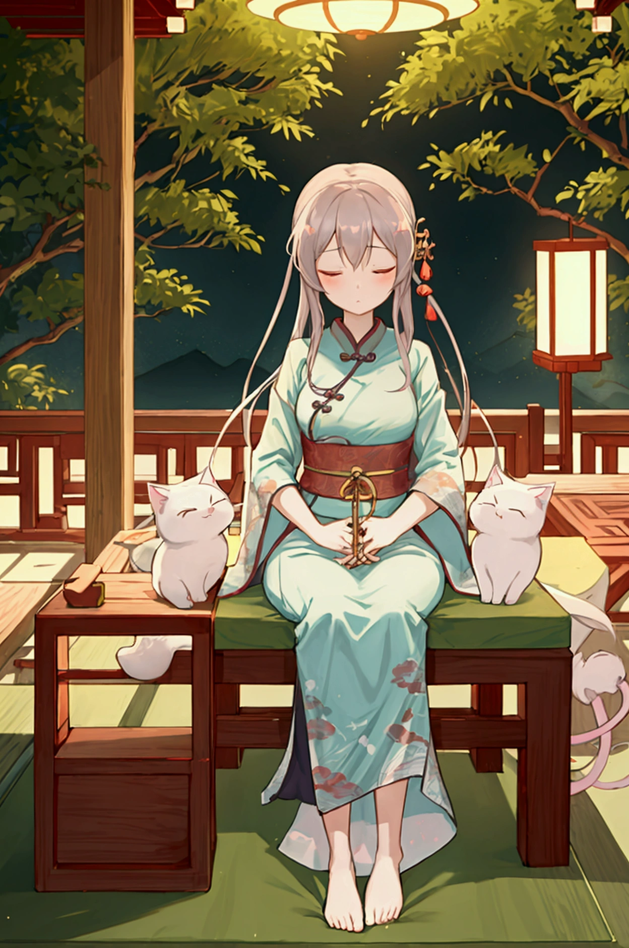 Design a relaxing Lo-fi hip-hop track that blends gentle beats with the soothing melodies of the guqin and soft ambient sounds, evoking a peaceful ancient Chinese landscape, neko girl, night