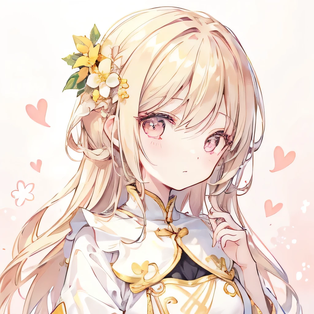 Blessed God|Guide to Happiness」Design an icon for。The character is a woman in her 30s.、A gentle smile and calm eyes。Hair is semi-long、Her hair color is blonde.。It has a natural wave.、Gives an elegant and calm impression。She is wearing a simple white outfit、She has a small four-leaf clover accessory on her shoulder.。The background is a pale pink and gold gradient.、A design that lets the light in gently。The background is dotted with small heart and star motifs.、Symbolizes happiness。Around her、There is a soft, shining aura of light.、Creates an overall bright and positive atmosphere。The character's hands are lightly clasped in front of the chest.、Make a gesture of genuine support。Create a design that gives your audience a sense of familiarity and comfort。