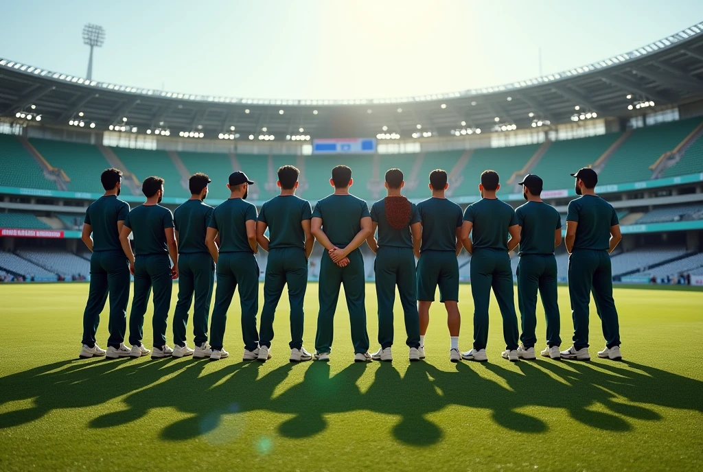 A team of 11 players standing side by side in a cricket Stadium .Show the back side