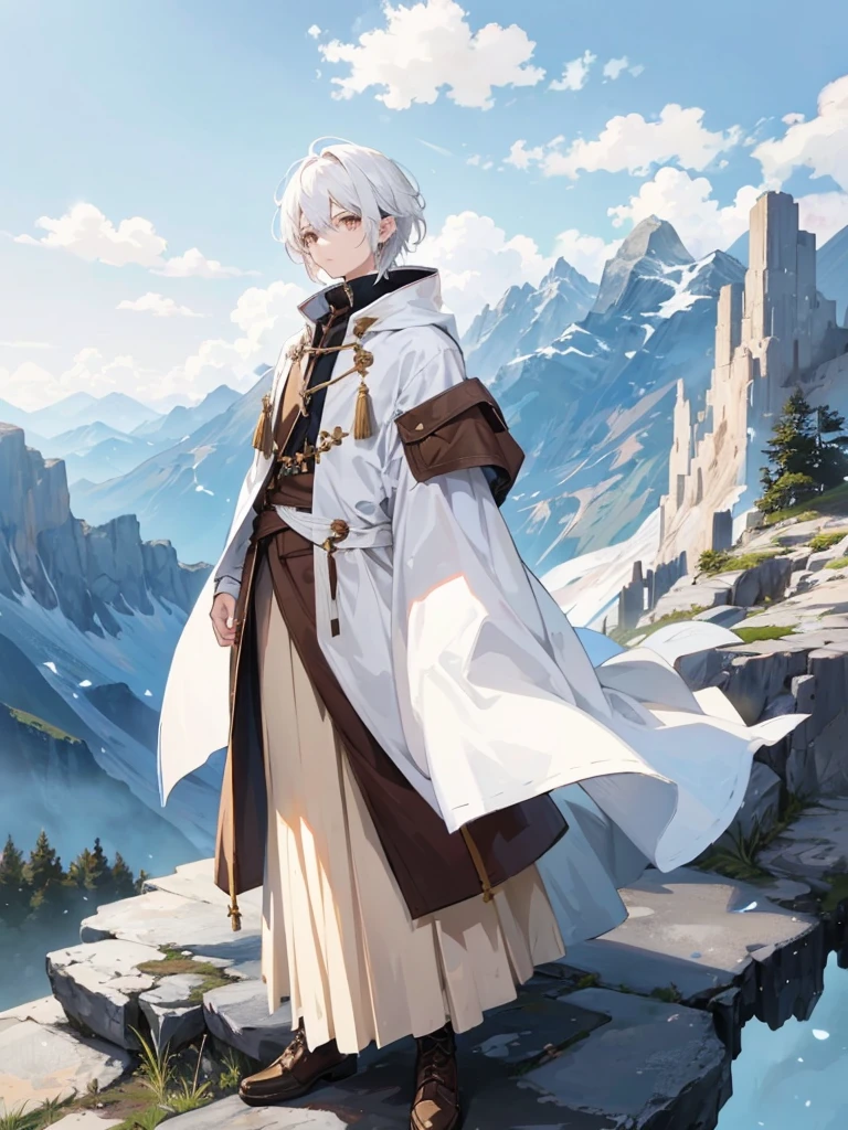1boy, white hair, brown eyes, beautiful background, simple clothes, mountain