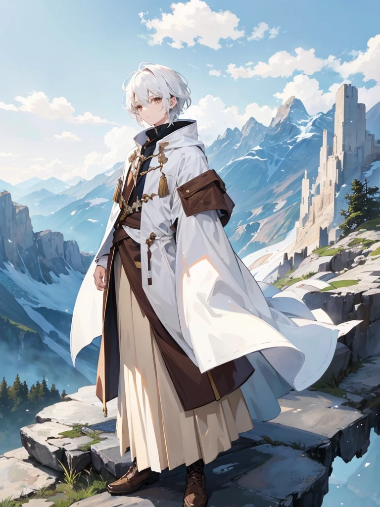 1boy, white hair, brown eyes, beautiful background, simple clothes, mountain