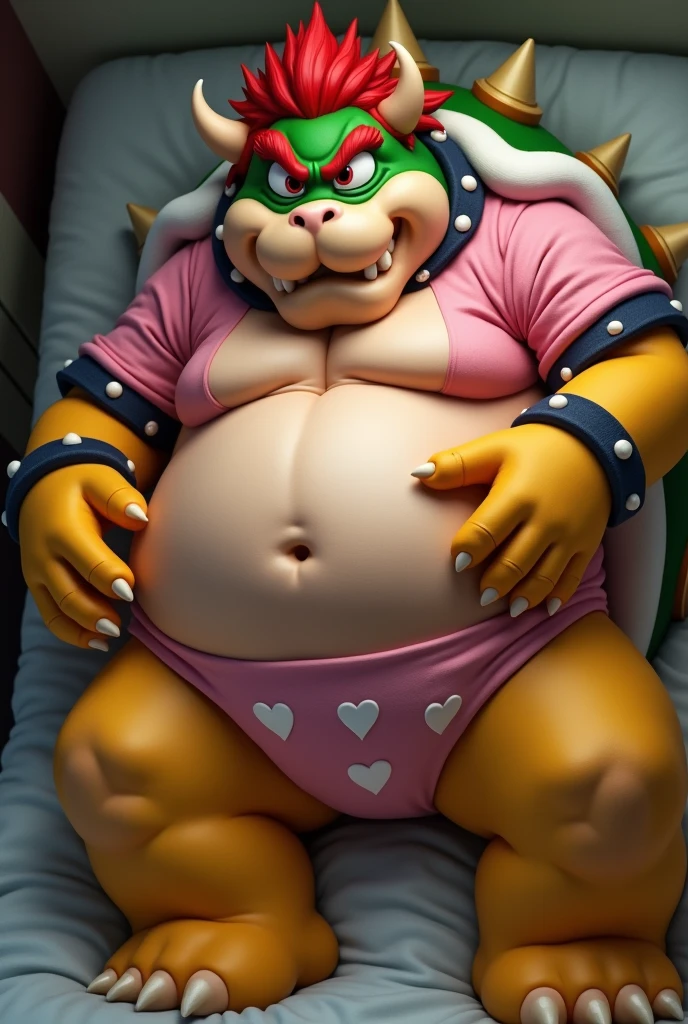 Bowser from Super Mario, Extremely obese, chubby, embarrassed, huge round belly, big moobs, heart underpants, pink tight short sleeves t-shirt, laying on a bed, one hand on the belly