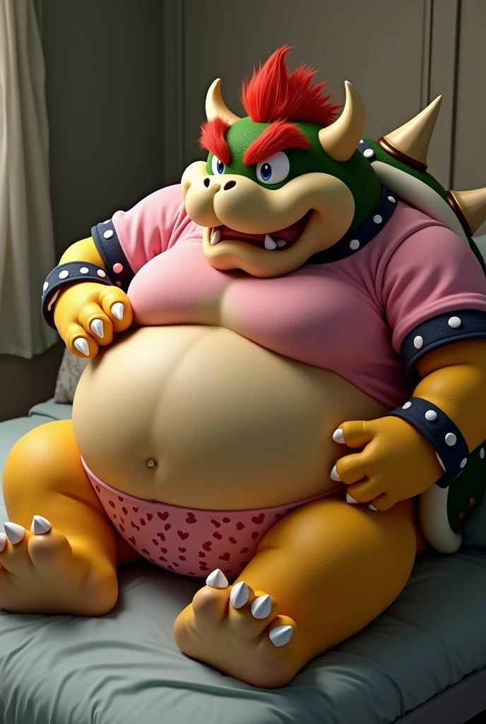 Bowser from Super Mario, Extremely obese, chubby, embarrassed, huge round belly, big moobs, heart underpants, pink tight short sleeves t-shirt, laying on a bed, one hand on the belly