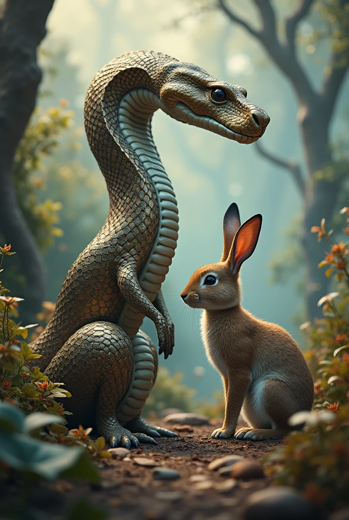 Wild rabbit and king kobra together