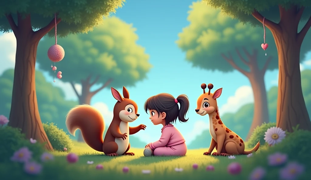 a  cartoon girl in pink pajamas, hand on a squirrel's shoulder, stuffed giraffe next to her, highly detailed, 1girl, cute, adorable, whimsical, pastel colors, soft lighting, warm tones, plush materials, hyperrealistic, octane render, cinematic, 8k, photorealistic, masterpiece