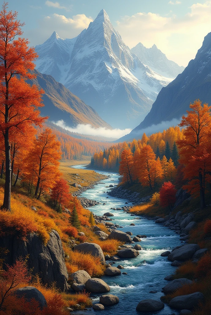 Certainly! I'll follow the steps to create a Midjourney prompt for an autumn-themed image based on your input. Let's begin:

STEP 1: Brainstorming ideas for autumn-themed images

• A lone hiker admiring a vast autumn mountain landscape
• A cozy cabin nestled in a colorful autumn forest
• A winding river cutting through a valley of fall foliage
• A majestic stag standing in a misty autumn meadow
• An ancient tree with vibrant leaves shedding into a calm lake
• A rustic wooden bridge spanning a creek in an autumn forest

STEP 2: Selecting expressions, touches, color scheme, and composition

For this autumn scene, we'll focus on creating a sense of awe and tranquility. We'll use warm, rich colors typical of fall foliage, with touches of cooler tones to add depth. The composition will emphasize the vastness of the landscape while including key elements like mountains and a river.

STEP 3: Evaluating and choosing the best two ideas

Evaluation Axis: Visual impact, representation of autumn theme, and incorporation of required design elements

Top two ideas:
1. A winding river cutting through a valley of fall foliage
2. A lone hiker admiring a vast autumn mountain landscape

Both ideas strongly represent the autumn theme and incorporate the required design elements. The winding river idea offers a dynamic composition, while the lone hiker provides a sense of scale and human connection to nature.

STEP 4: Creating the final prompt

Here's the prompt for the chosen idea:

"Oil painting of a breathtaking autumn landscape, front view. A winding river cuts through a valley filled with vibrant fall foliage in shades of red, orange, yellow, and touches of green. Majestic mountains rise in the background, their peaks touched by early snow. The foreground features a mix of deciduous trees with rich brown trunks and branches laden with colorful leaves. Soft, warm sunlight filters through the scene, creating a golden glow. 3D depth, hyper-realistic details, dramatic lighting. --ar 9: