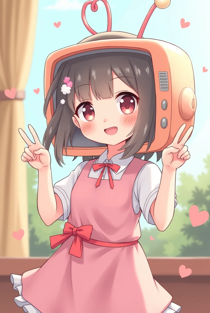 Cute girl with Tv head with heart on screen posing with peace sign, pink, anime.