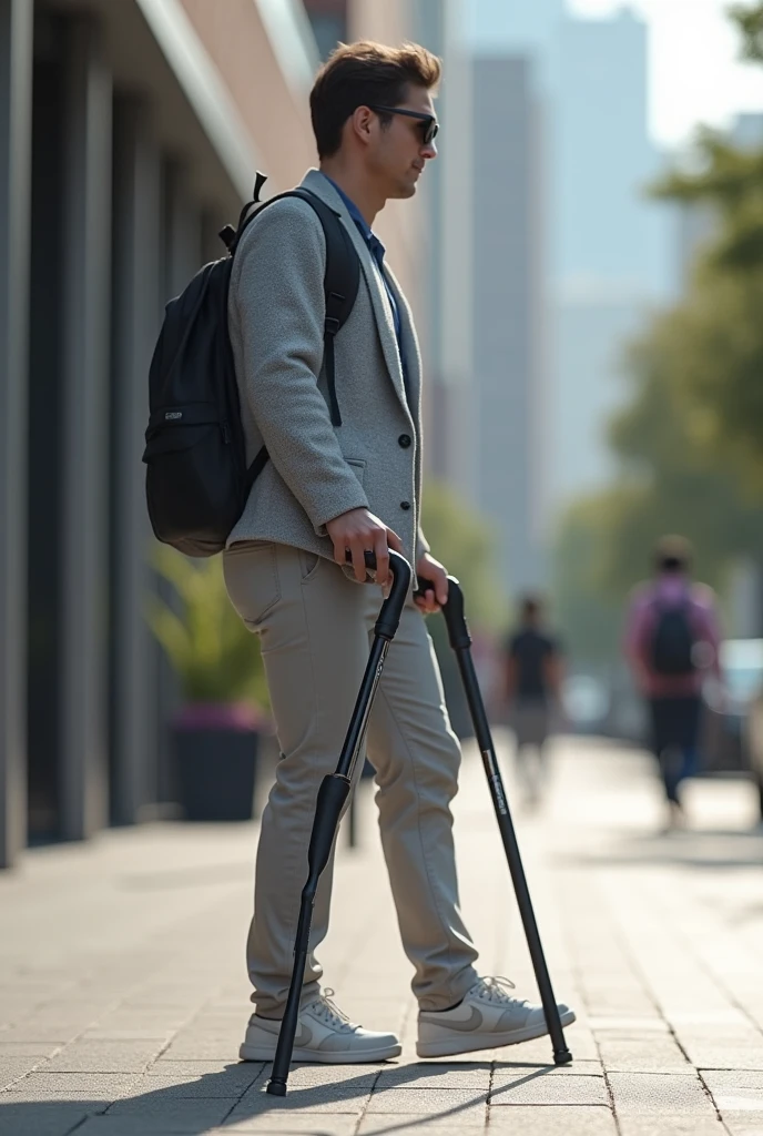Deaign a walking cane which is double handled, soft, has the features like sitting, foldable, easy to carry, stylish, steps count, sensors which can detect the roadblock for the blind person, a feature which can give a person to pick calls and access his phone media, calls, notifications, with 360 degree bottom for better grip, ergonomics should be in such a way that even after putting body weight it don’t give strain on the hand and elbow