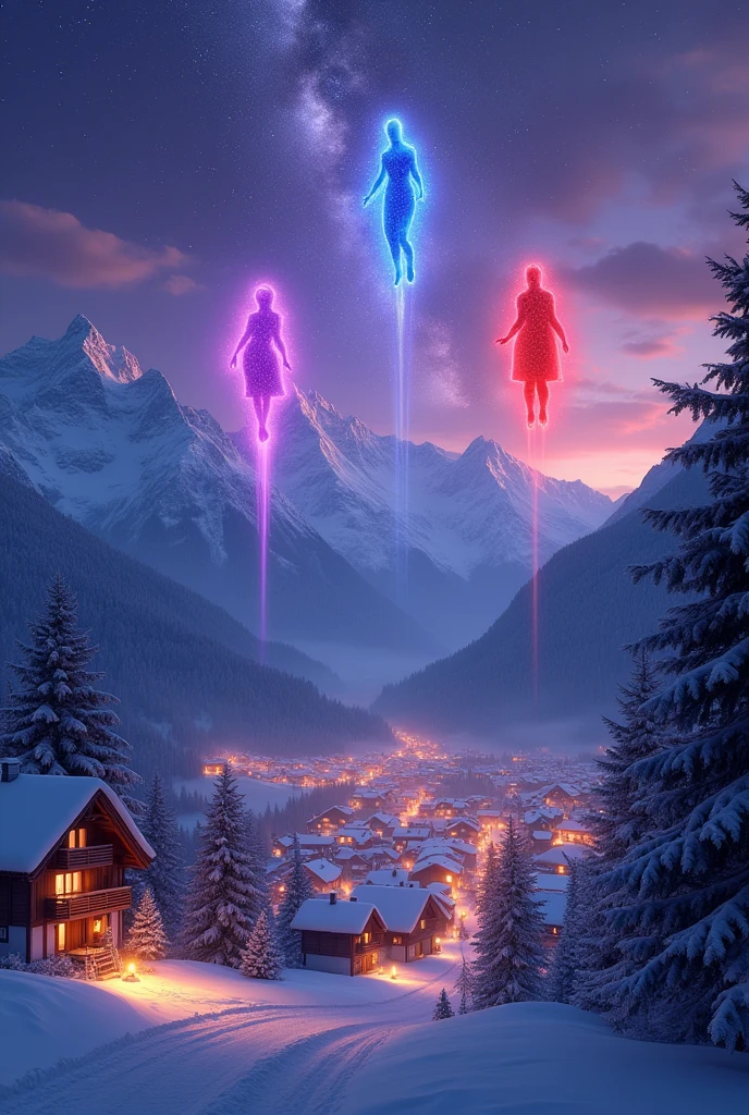 A city in Switzerland mountains, with illuminated cabins and houses, purple sky with star shower, and three men flying through the skies , one with a purple light, another with a blue light, and another with a red light