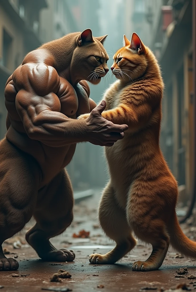 A realistic, white, bodybuilder cat fighting with another body builder cat,One Is badly defeated, expression_very sad,
