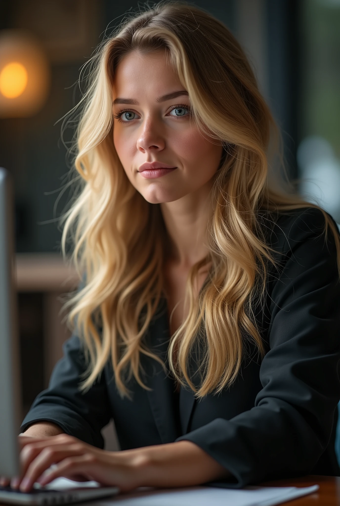 Beautiful girl with long blonde hair, Detailed eyes, nose, And lips, Wear professional attire, sitting in her office, Using a computer, hp computer (Highest quality,4K,8k,High resolution,masterpiece:1.2),Very detailed,(Realistic,photoRealistic,photo-Realistic:1.37),High resolution,Studio Lighting,Very detailed顔と体, Portraiture,Cinema Lighting,Dramatic lighting,Warm tones,Dramatic colors