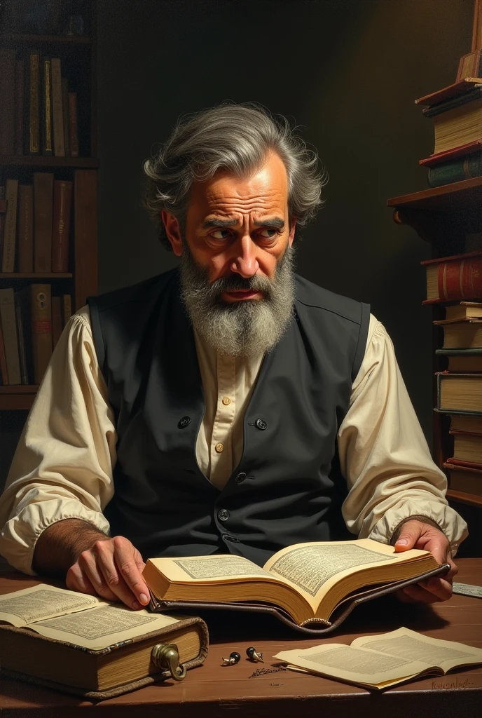 a man reading the Quran with a concerned expression, books and notes scattered around him, detailed face and features, dramatic lighting, photorealistic, intricate details, oil painting, warm color tones