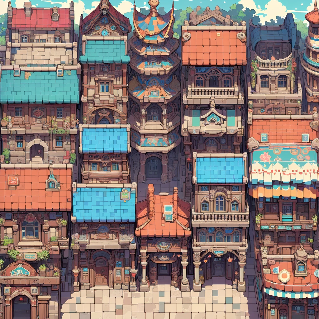 Retro video game style, pixelated, vibrant colors, 8-bit architecture, blocky shapes, sharp lines, detailed shading, classic gaming vibe, nostalgic atmosphere, reminiscent of classic arcade games. Masterpiece:1.2, ultra-detailed, illustration style. 4K seamless patterns, video game textures, urban japan and rural japan building textures, wood textures. Game tiles, roofs, 3/4th perspective windows, doors, and walls, 3/4th perspective tileable building facades, tileable rooftops, detailed chimneys, and ornate structures. Very detailed brick and stonework, intricate architectural details.

Building Design: Diverse structures including houses, shops, and towers with various elevations and roof styles.

Texture Detail: High resolution with intricate details like brickwork, wooden planks, and weathered surfaces.

Seamless Pattern: Ensure that the edges of the tiles seamlessly align with adjacent tiles to create a continuous and coherent townscape when repeated.