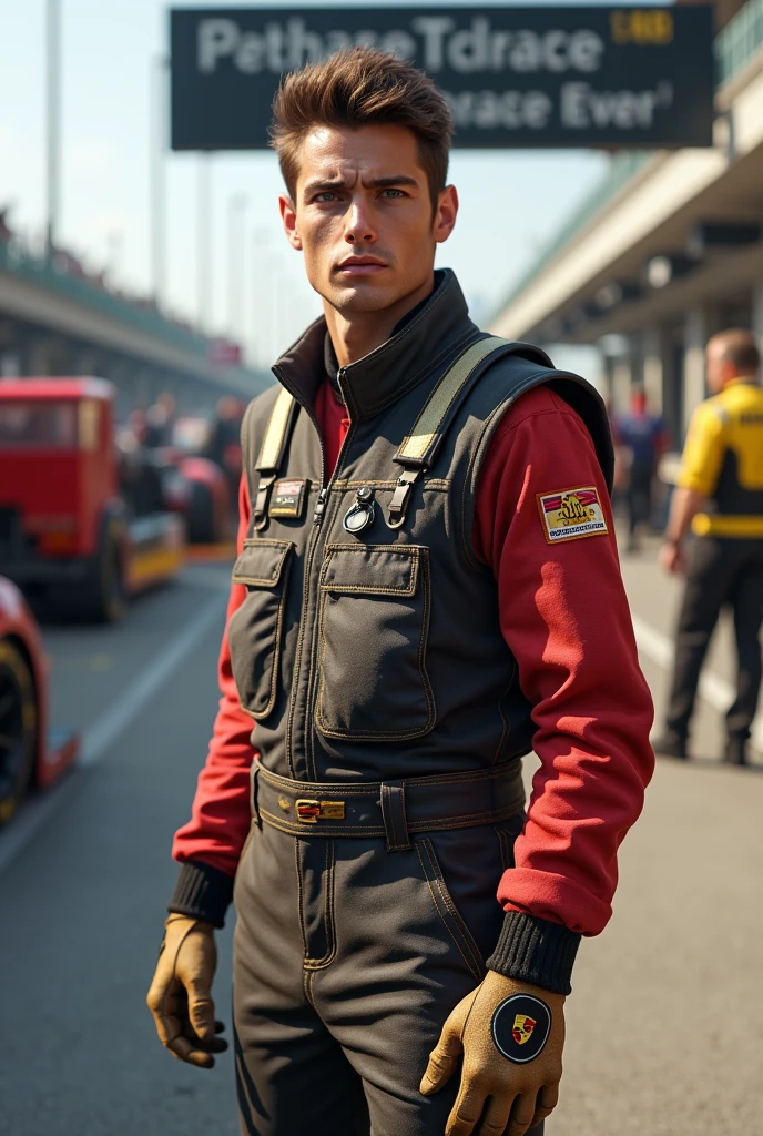 (Photorealism:1.2), Porsche Cup driver with brown hair and eyes dressed in overalls in front of the ultra-realistic 8k pitlane 