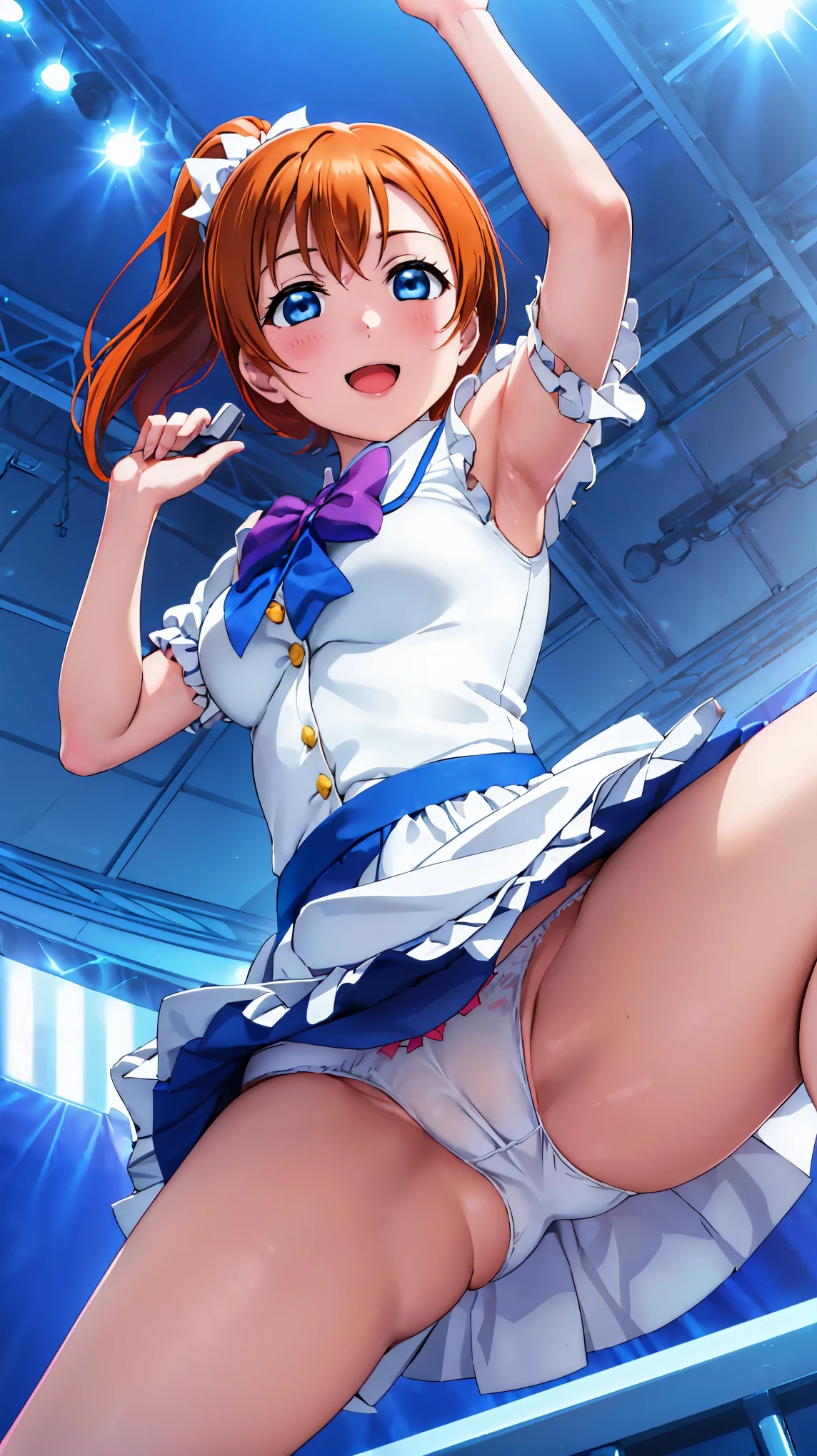 (((Pixel perfect, perfect detail))), (((Diameter of skirt from below,))), Alone, Alone Girl, Kosaka Honoka, (μ's Idol Dress), Looking at Viewer, Smiling, μ's, Love Live! Stage, Singing, (Lifted Skirt 1.3), (Detailed Panties 1.3), (White Panties: 1.3), (Overlapping Ruffled Panties: 1.3), (Underskirt), (Cotton Panties), (Low Angle), (Ruffled Petticoat), Blue Eyes, Orange Hair, One Sided Ponytail, Short Hair, (Spread Legs: 1.3)