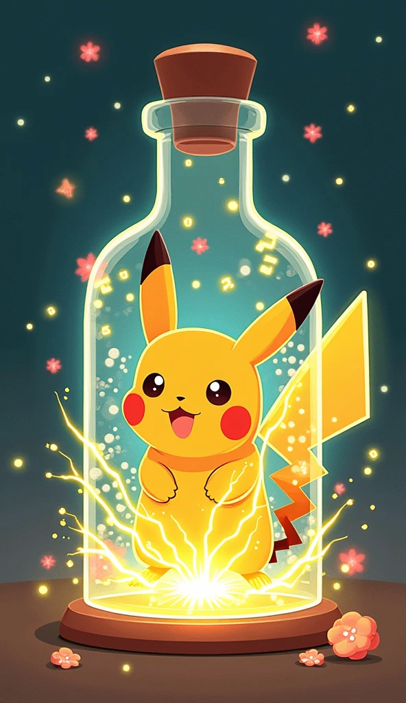 Pokemon Pikachu wishing bottle, Pikachu that generates electricity, Illustration Pokemon, Cyberpunk Pikachu, Pokemon art style, Cute, colorful and adorable, Concept art of Pikachu, 可爱的number艺术, Cute Pokemon style, Cartoon Vitality, Cute mouse Pokémon, 🌺 CG Society, Cute glowing creatures, Luminous Light! number, Pokemon anime style, 可爱细致的number艺术